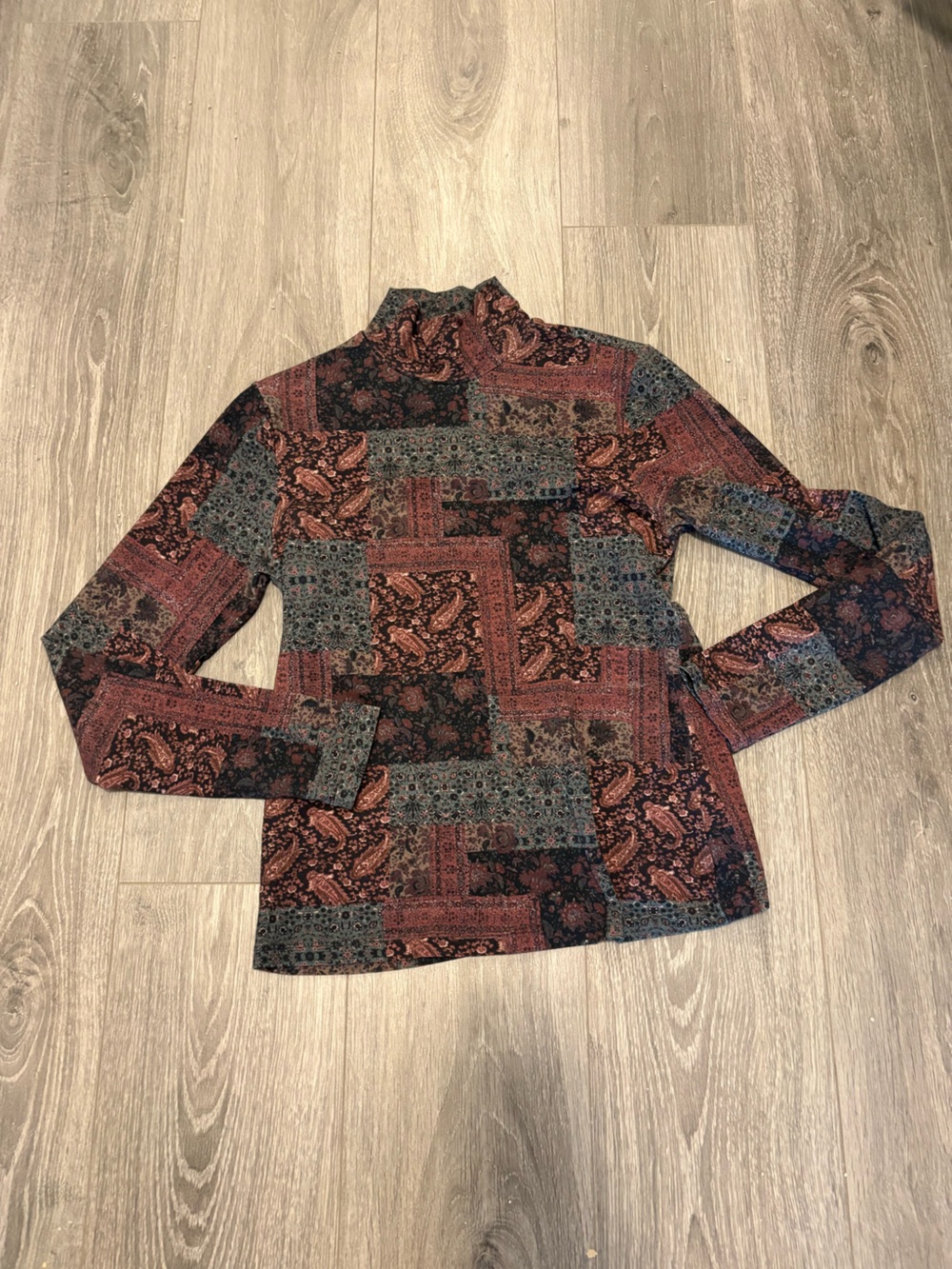 Frank & Oak Patchwork Paisley Cowl Neck Sweater - Rust & Tealy